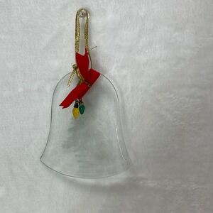 VTG Glass Bell Christmas Ornament Etched Tree Red Ribbon Mini Lights Charm